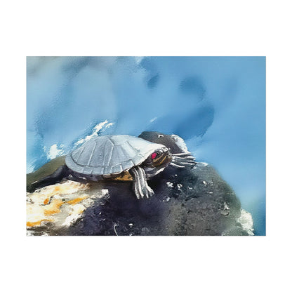 Watercolor-Style Nature-Inspired 'Turtle on the Rocks' Textured Matte Art Print