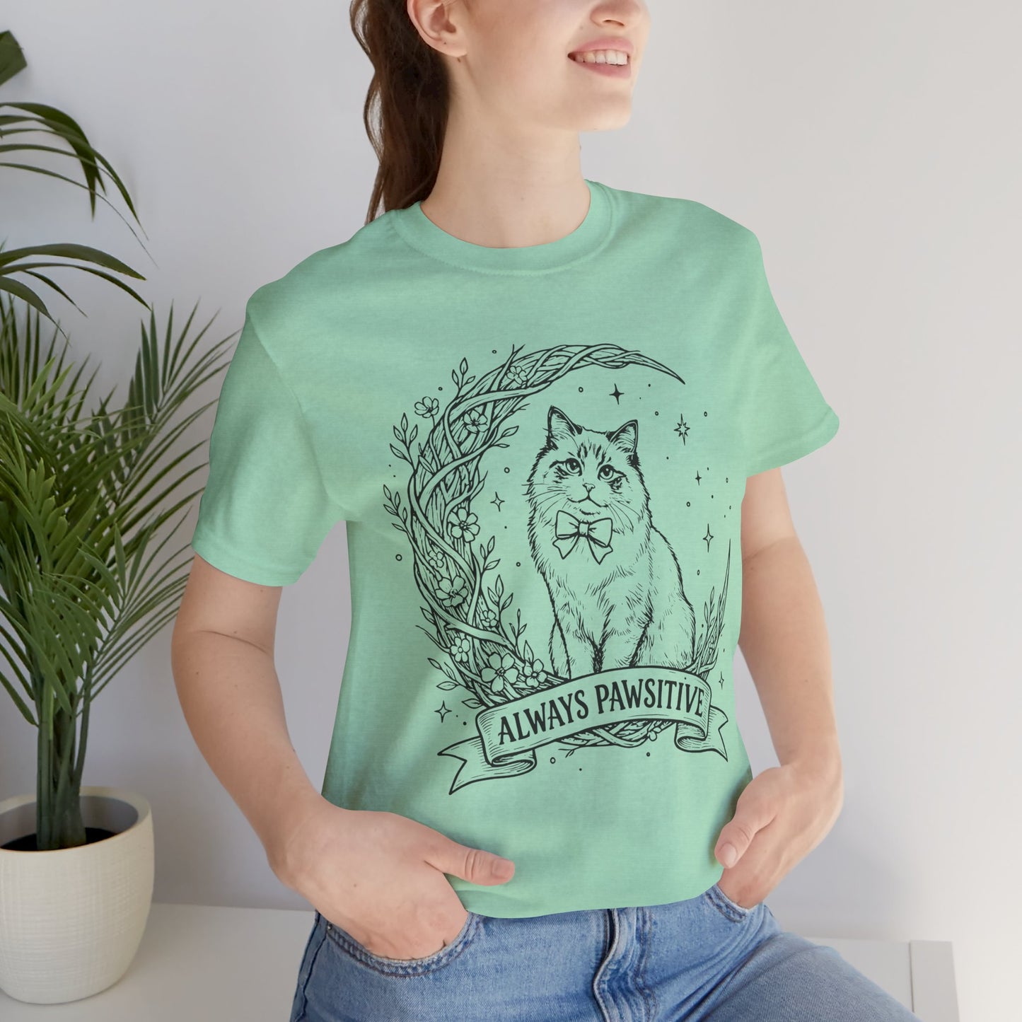 Unisex Adult Cute Cat & Moon Design T-Shirt — “Always Pawsitive” Retro Moon Cat Graphic Tee (Additional Colors)
