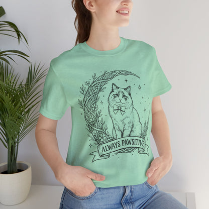 Unisex Adult Cute Cat & Moon Design T-Shirt — “Always Pawsitive” Retro Moon Cat Graphic Tee (Additional Colors)