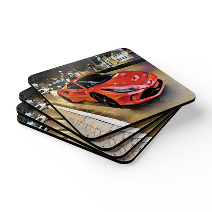 Artsy Orange-Red Sports Car Cork Coaster Set — Decorative Drink Coasters (4-Piece Set)