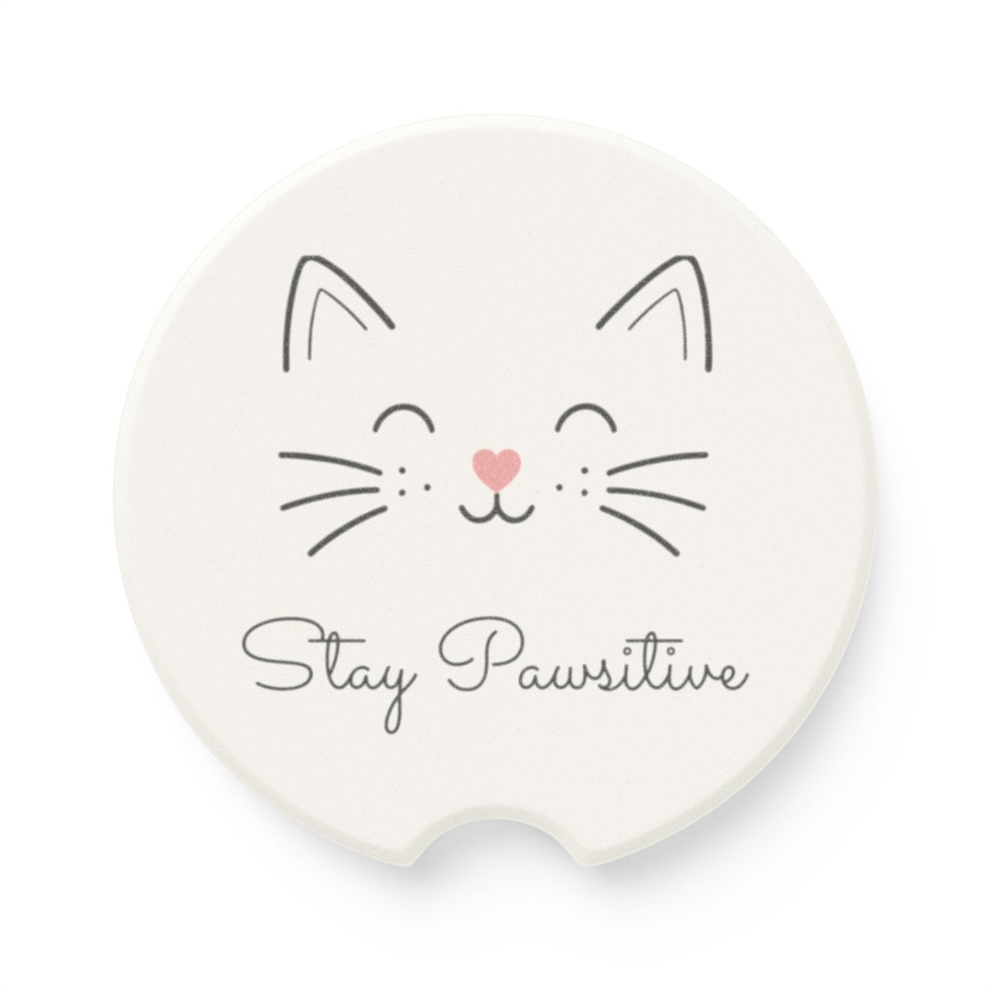 Catitude Collection Cat Face Soapstone Car Coaster — 'Stay Pawsitive' Car Cup Holder Coaster (Single or 2-Piece Set)