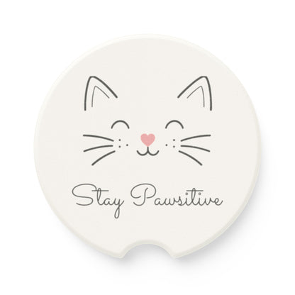 Catitude Collection Cat Face Soapstone Car Coaster — 'Stay Pawsitive' Car Cup Holder Coaster (Single or 2-Piece Set)