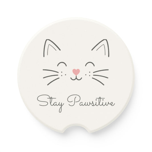 Catitude Collection Cat Face Soapstone Car Coaster — 'Stay Pawsitive' Car Cup Holder Coaster (Single or 2-Piece Set)