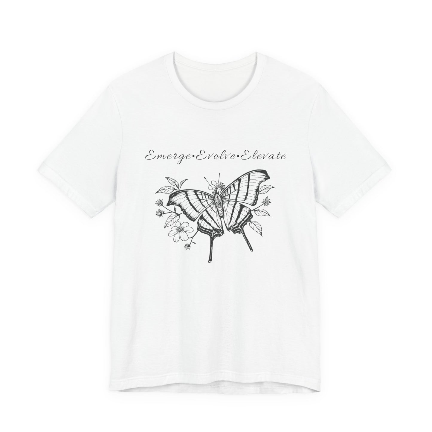 Unisex Adult Butterfly & Flowers Design Short Sleeve Tee - 'Emerge Evolve Elevate' (Additional Colors)