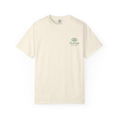 Unisex Adult Sunset Beach Scene Back Design T-Shirt — Tropical Palm Tree 'Saltwater State of Mind' Graphic w/ Logo Front (Additional Color)