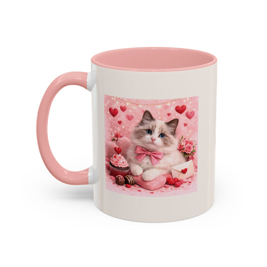 Valentine's Romantic Ragdoll Cat Theme 'Purr more Hiss less Stay pawsome' Accent Coffee Mug, 11 oz or 15 oz (Additional Color)