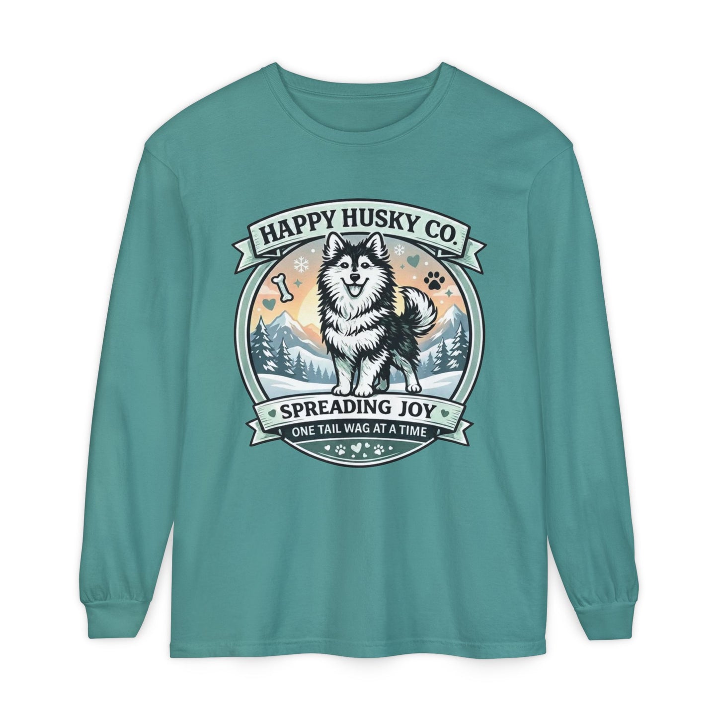 Unisex Colorful Happy Husky Co. Long Sleeve T-Shirt — 'Spreading Joy One Tail Wag At A Time' Graphic (Additional Colors)