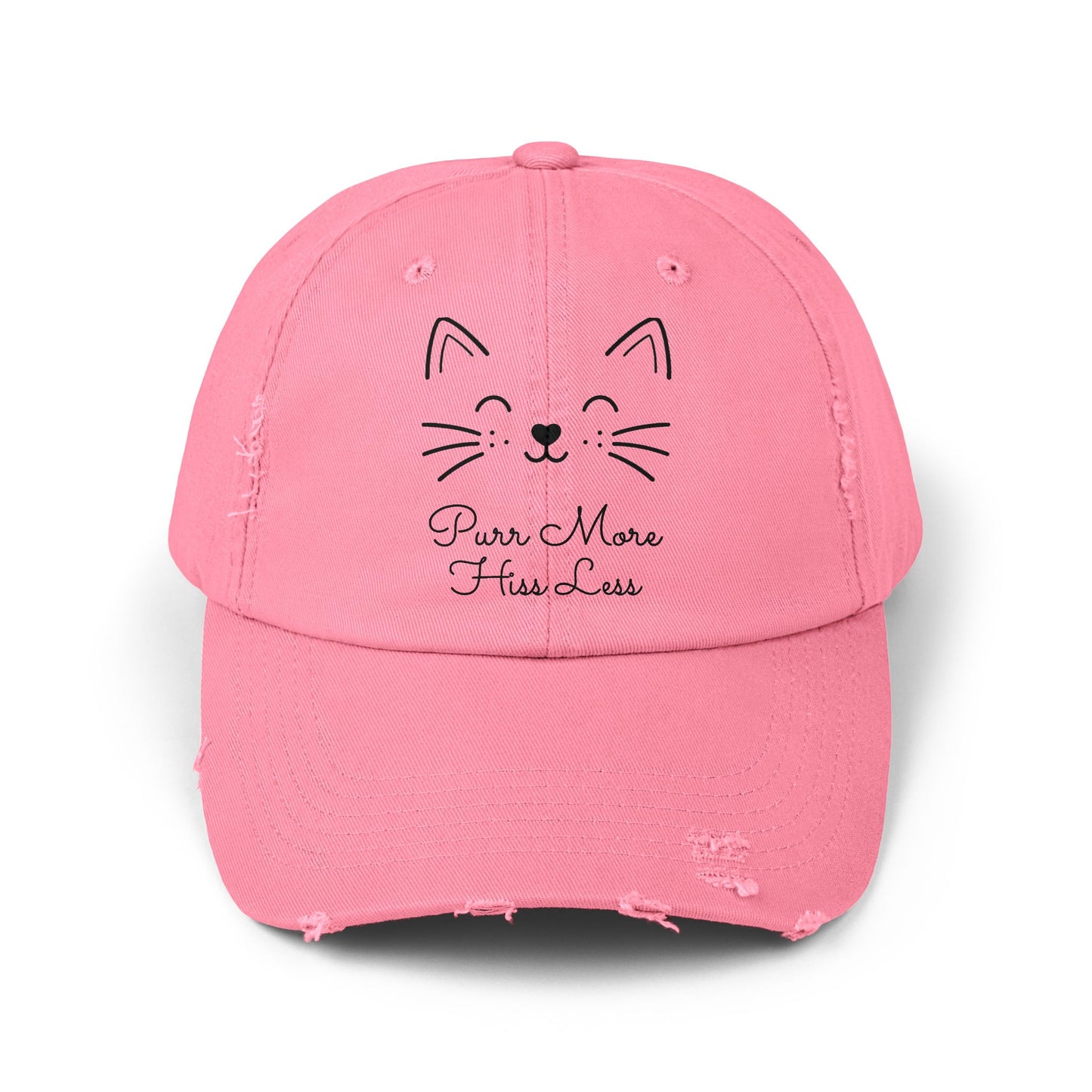 Unisex Cat Face Design Distressed Cap - 'Purr More, Hiss Less' Hat (Additional Colors)