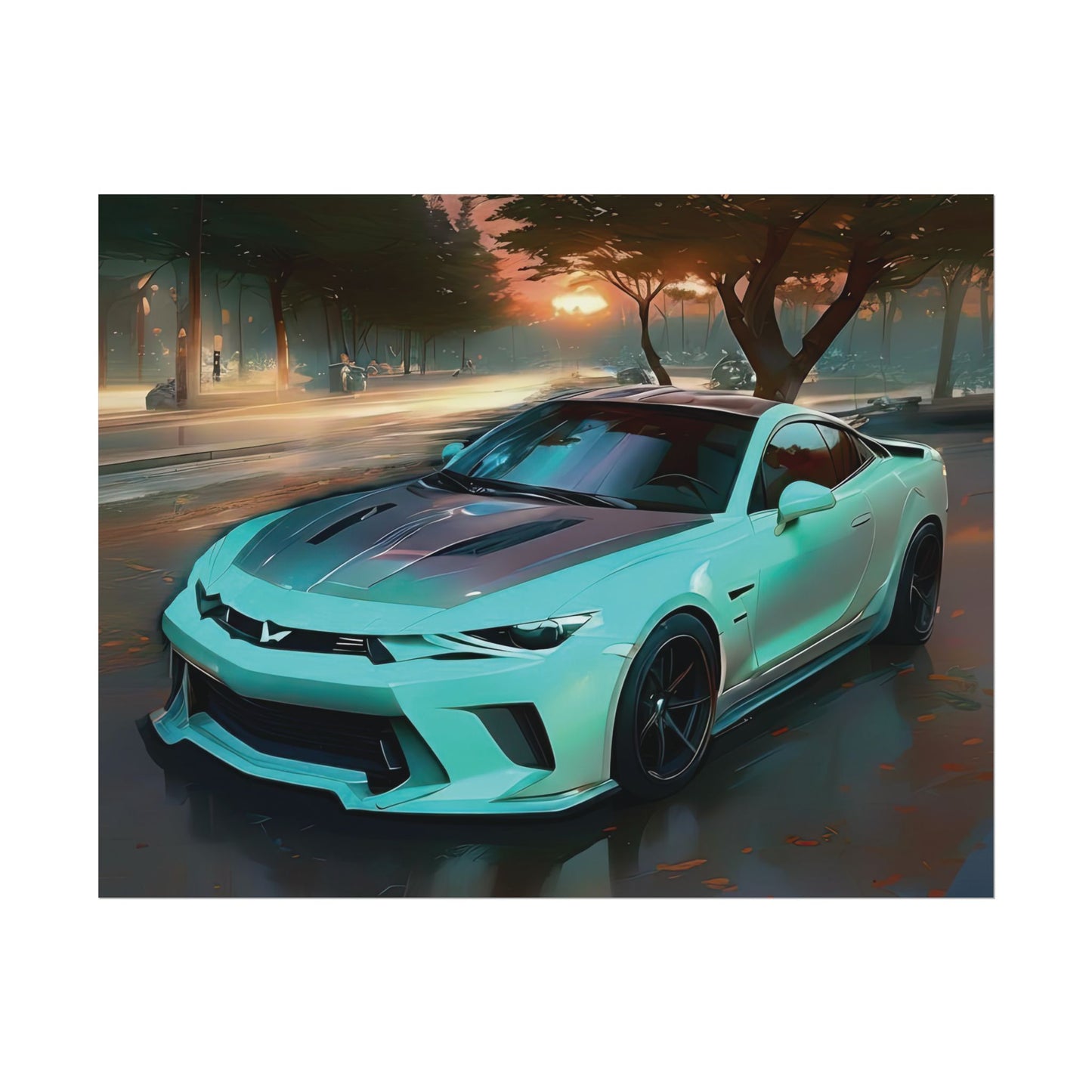 Artsy Teal Camaro Sports Car Sunset Street Scene Wall Art Print