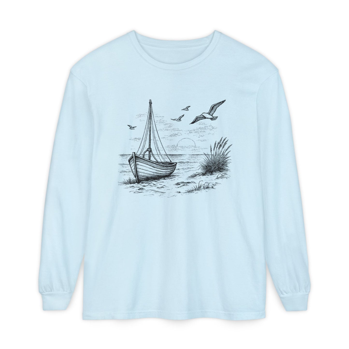 Nautical Sailboat & Beach Sketch Design Long Sleeve Tee - 'Set Your Course by the Stars Not the Storm' (Additional Colors)