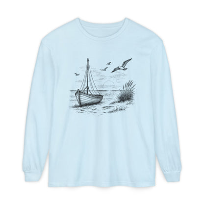 Nautical Sailboat & Beach Sketch Design Long Sleeve Tee - 'Set Your Course by the Stars Not the Storm' (Additional Colors)