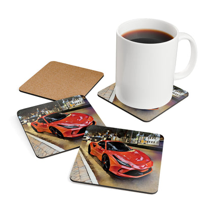 Artsy Orange-Red Sports Car Cork Coaster Set — Decorative Drink Coasters (4-Piece Set)