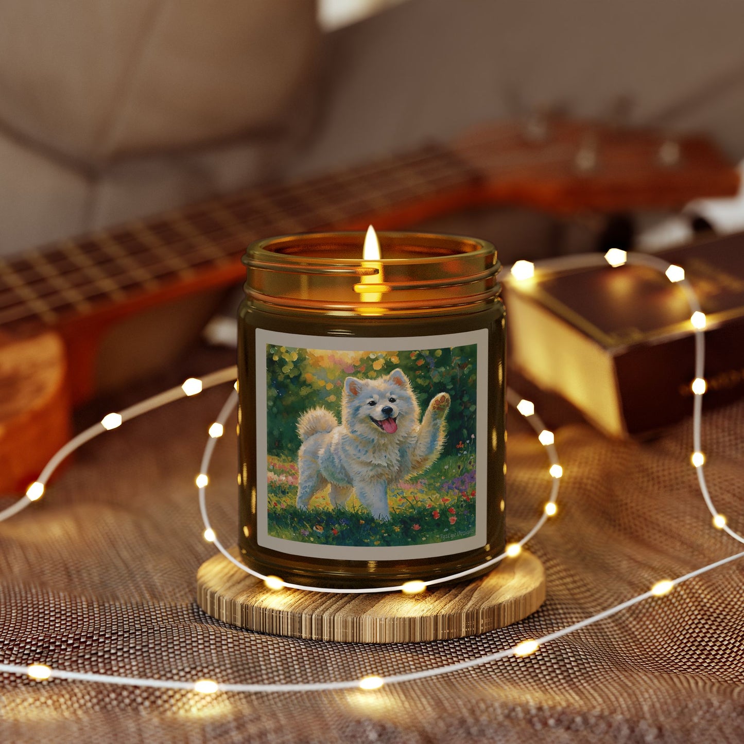Coconut Apricot Wax Scented Candle — Joyful Samoyed Dog Design, Clear or Amber Jar (4oz or 9oz, Assorted Scents)