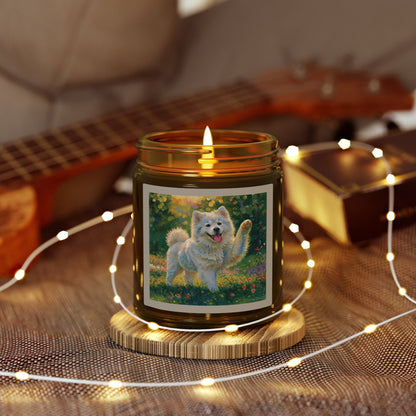 Coconut Apricot Wax Scented Candle — Joyful Samoyed Dog Design, Clear or Amber Jar (4oz or 9oz, Assorted Scents)