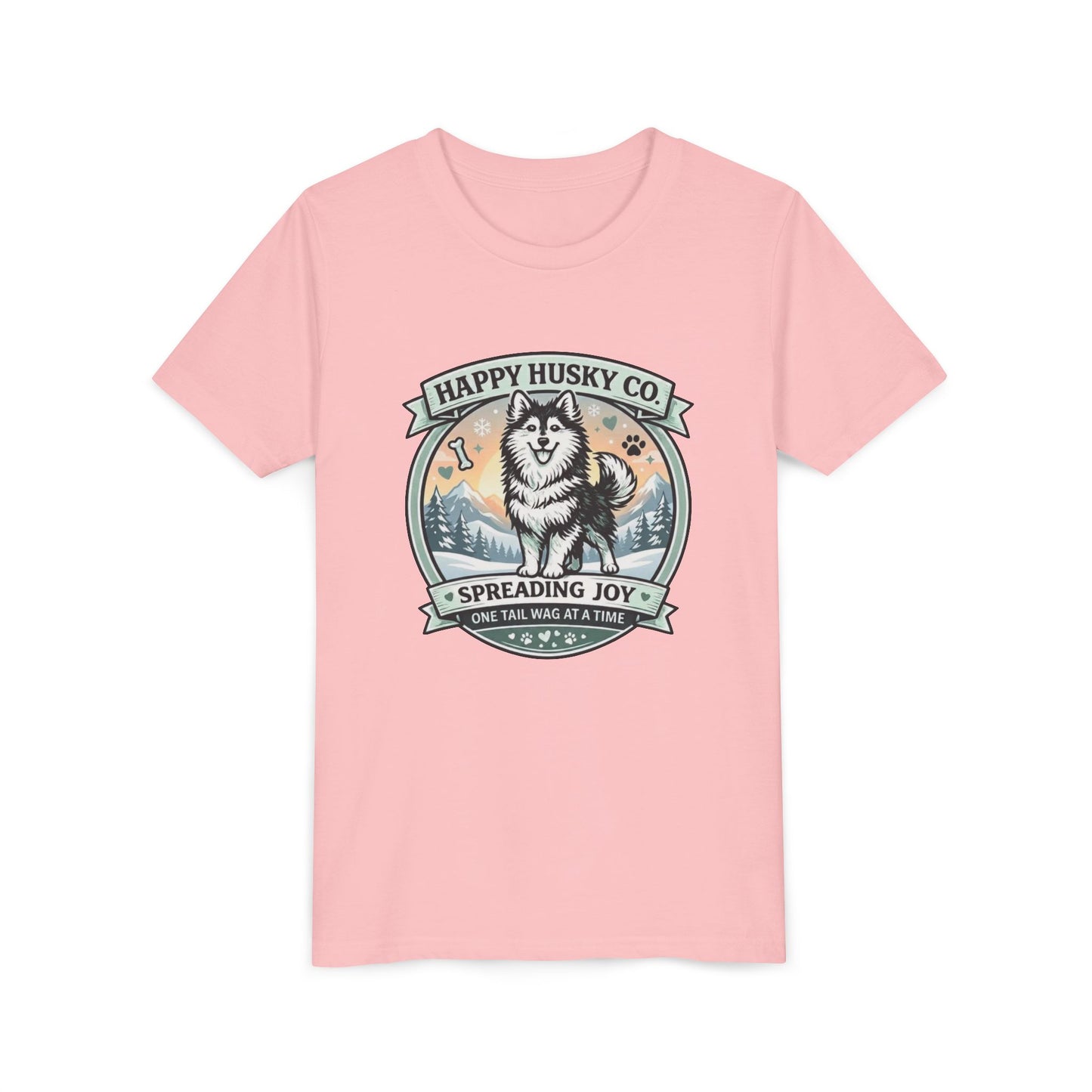 Youth Tee Happy Husky Co. 'Spreading Joy' Kids Short Sleeve Shirt - Husky Dog, Outdoor Badge Design (Additional Colors)