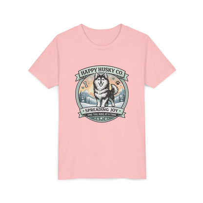 Youth Tee Happy Husky Co. 'Spreading Joy' Kids Short Sleeve Shirt - Husky Dog, Outdoor Badge Design (Additional Colors)