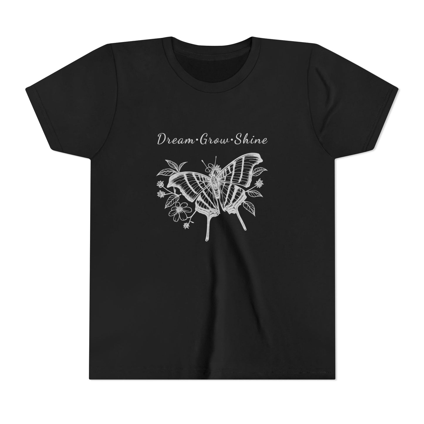 Youth Unisex Butterfly & Flowers Design Short Sleeve Tee - 'Dream, Grow, Shine' Motivational Graphic (Additional Colors)