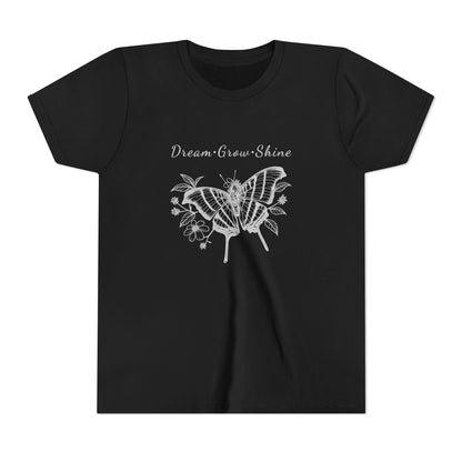 Youth Unisex Butterfly & Flowers Design Short Sleeve Tee - 'Dream, Grow, Shine' Motivational Graphic (Additional Colors)