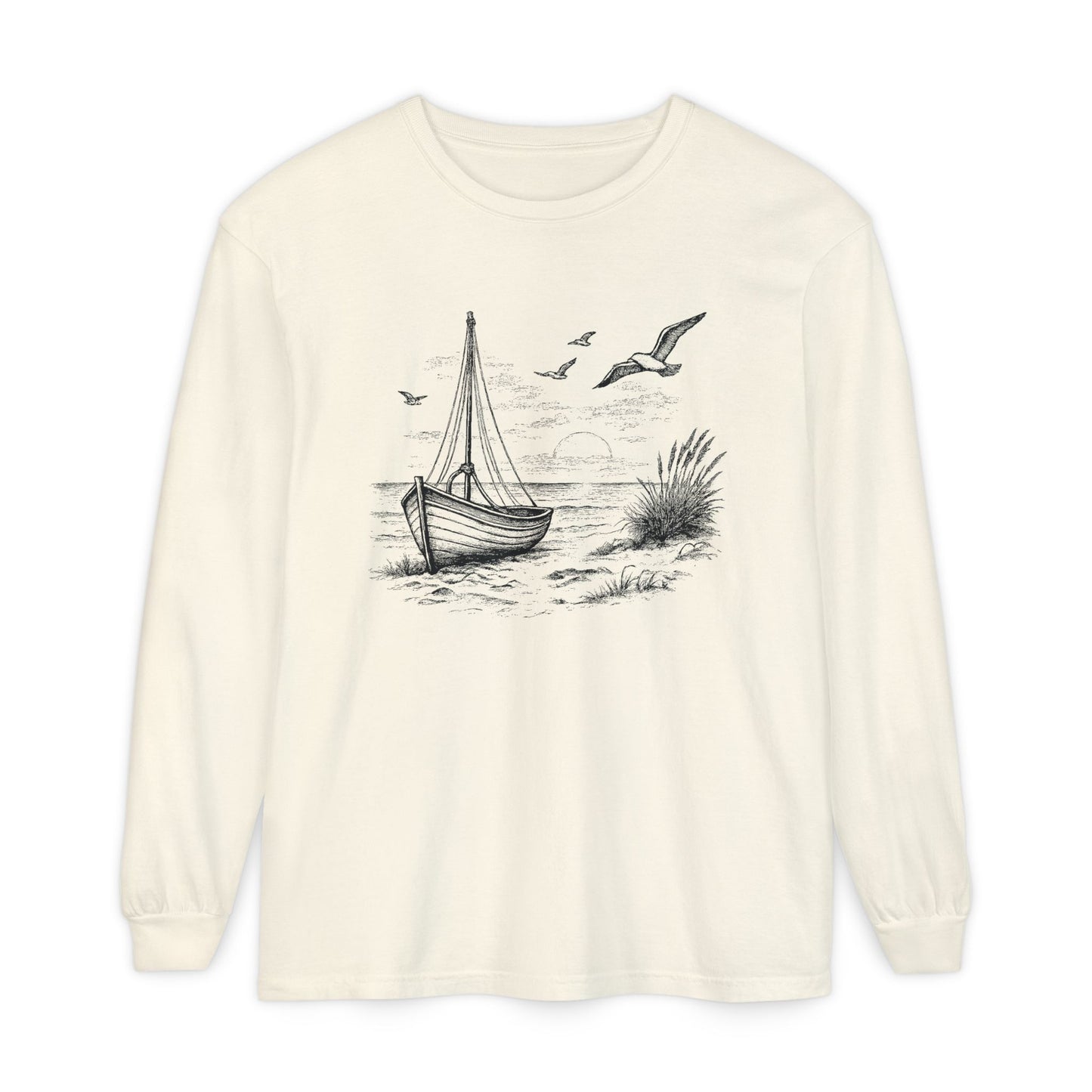 Nautical Sailboat & Beach Sketch Design Long Sleeve Tee - 'Set Your Course by the Stars Not the Storm' (Additional Colors)