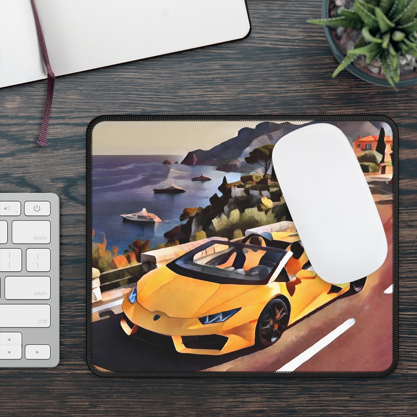 Yellow Supercar Scenic Drive Mouse Pad — Coastal Sports Car Gaming Desk Mat