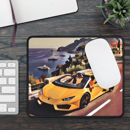 Yellow Supercar Scenic Drive Mouse Pad — Coastal Sports Car Gaming Desk Mat