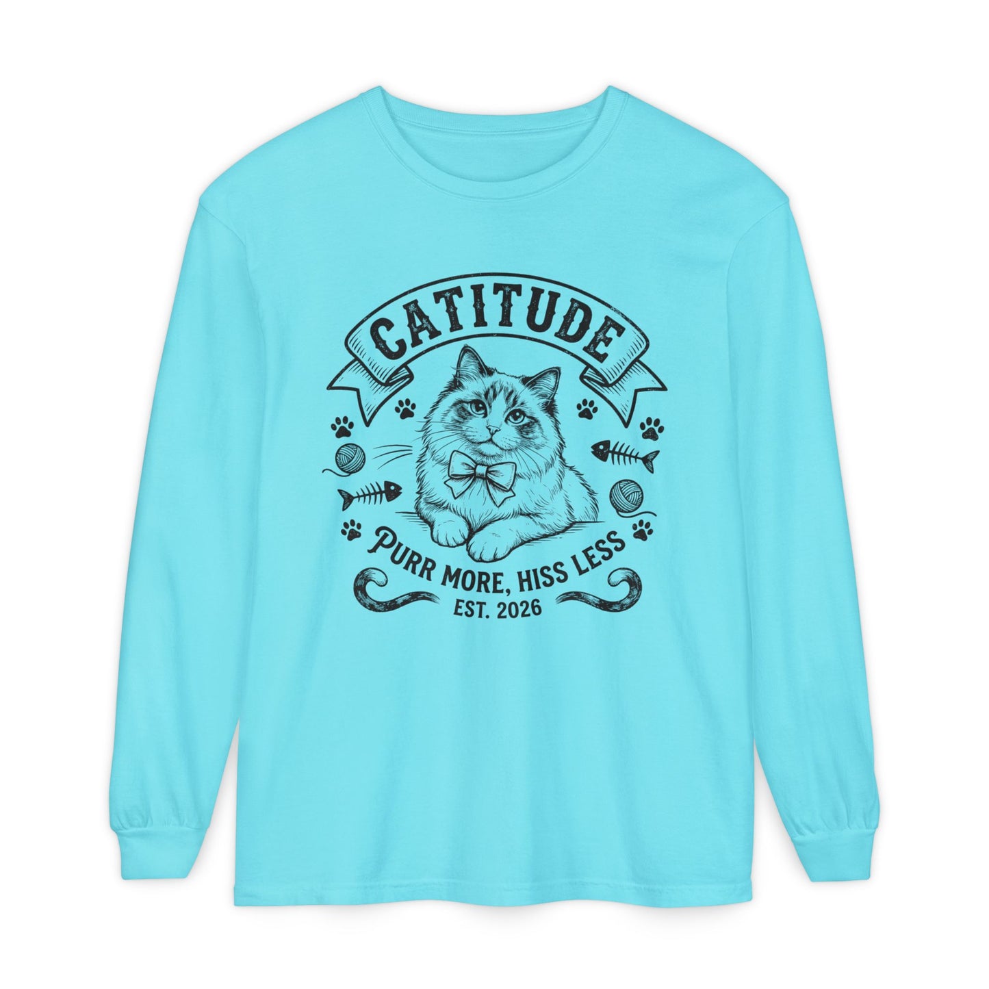 Unisex Catitude Design Long Sleeve Tee — 'Purr More, Hiss Less' Cat Lover Shirt (Additional Colors)