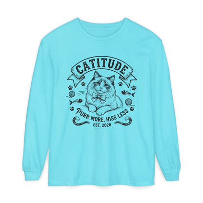Unisex Catitude Design Long Sleeve Tee — 'Purr More, Hiss Less' Cat Lover Shirt (Additional Colors)