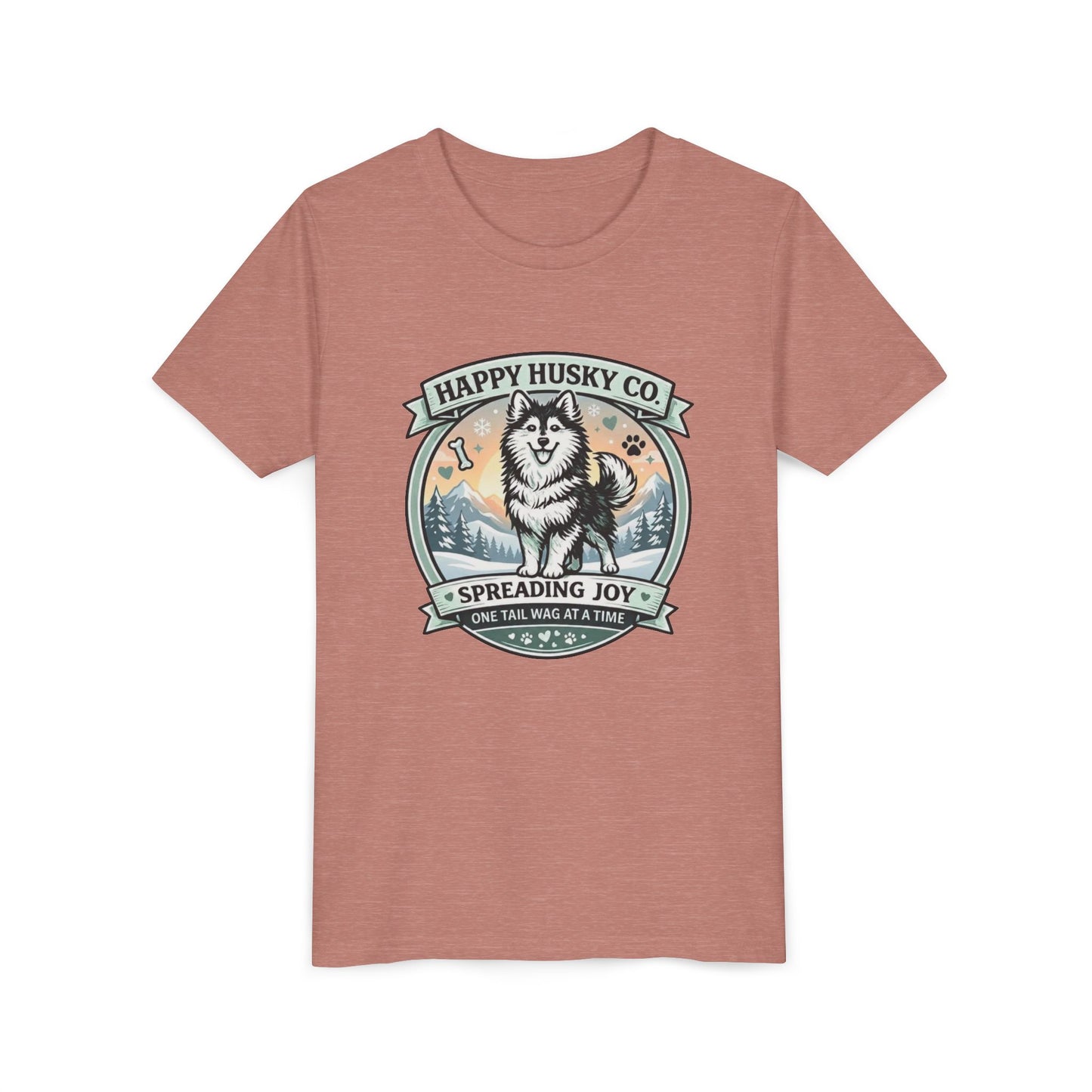 Youth Tee Happy Husky Co. 'Spreading Joy' Kids Short Sleeve Shirt - Husky Dog, Outdoor Badge Design (Additional Colors)