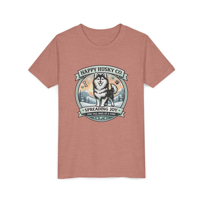 Youth Tee Happy Husky Co. 'Spreading Joy' Kids Short Sleeve Shirt - Husky Dog, Outdoor Badge Design (Additional Colors)