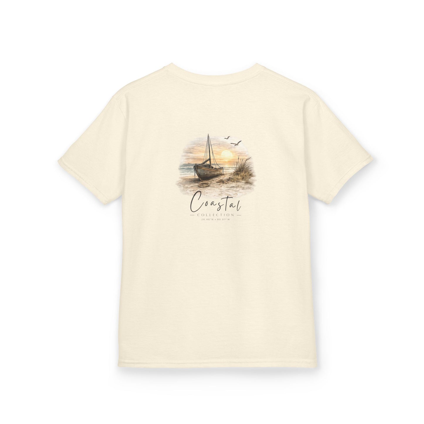 Kids Coastal Sunset Sailboat Back Design T-Shirt — Nautical Coastal Graphic Tee w/ Logo (Additional Color)