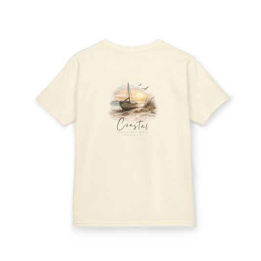 Kids Coastal Sunset Sailboat Back Design T-Shirt — Nautical Coastal Graphic Tee w/ Logo (Additional Color)