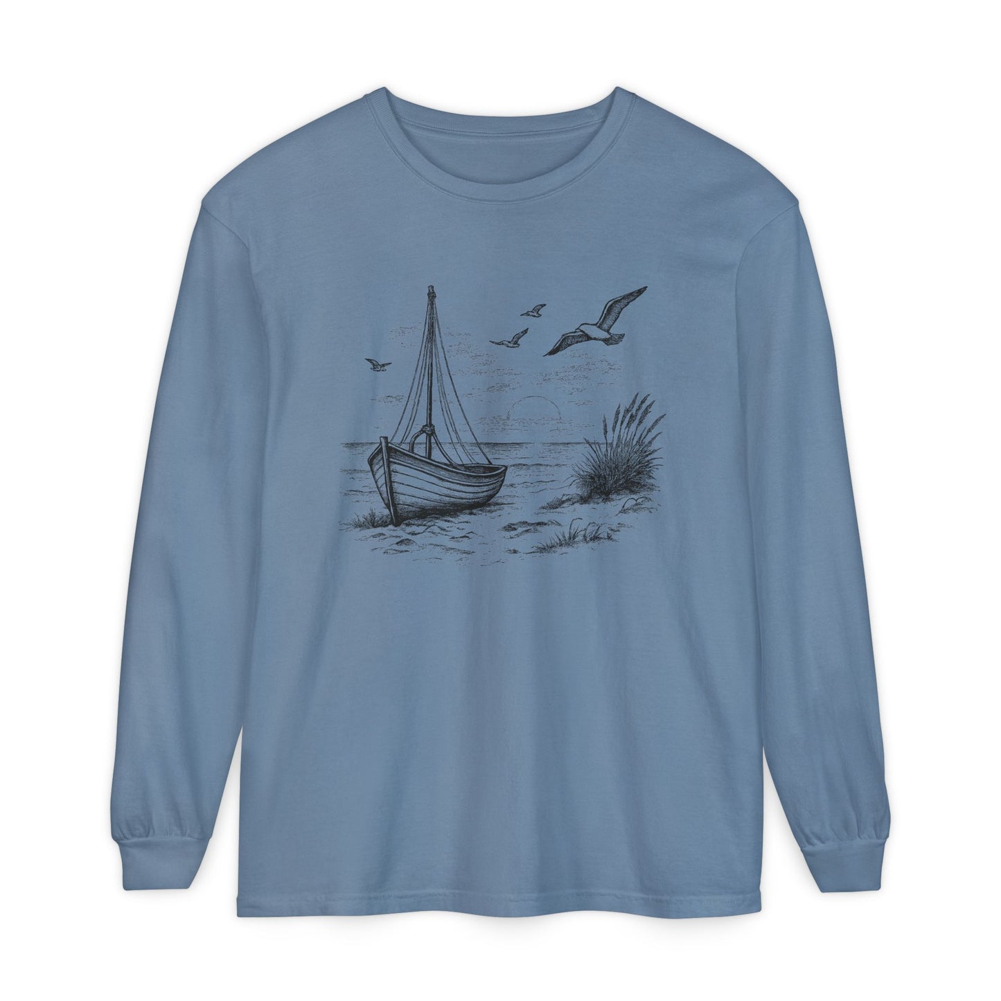 Nautical Sailboat & Beach Sketch Design Long Sleeve Tee - 'Set Your Course by the Stars Not the Storm' (Additional Colors)