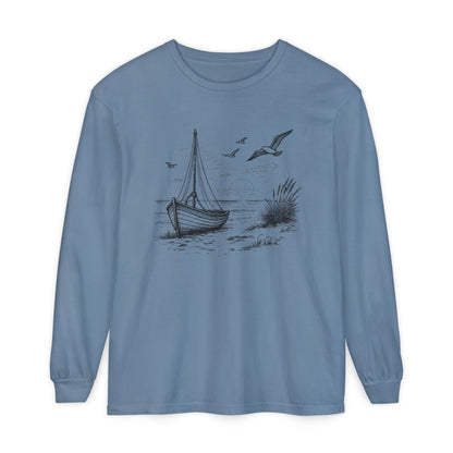 Nautical Sailboat & Beach Sketch Design Long Sleeve Tee - 'Set Your Course by the Stars Not the Storm' (Additional Colors)