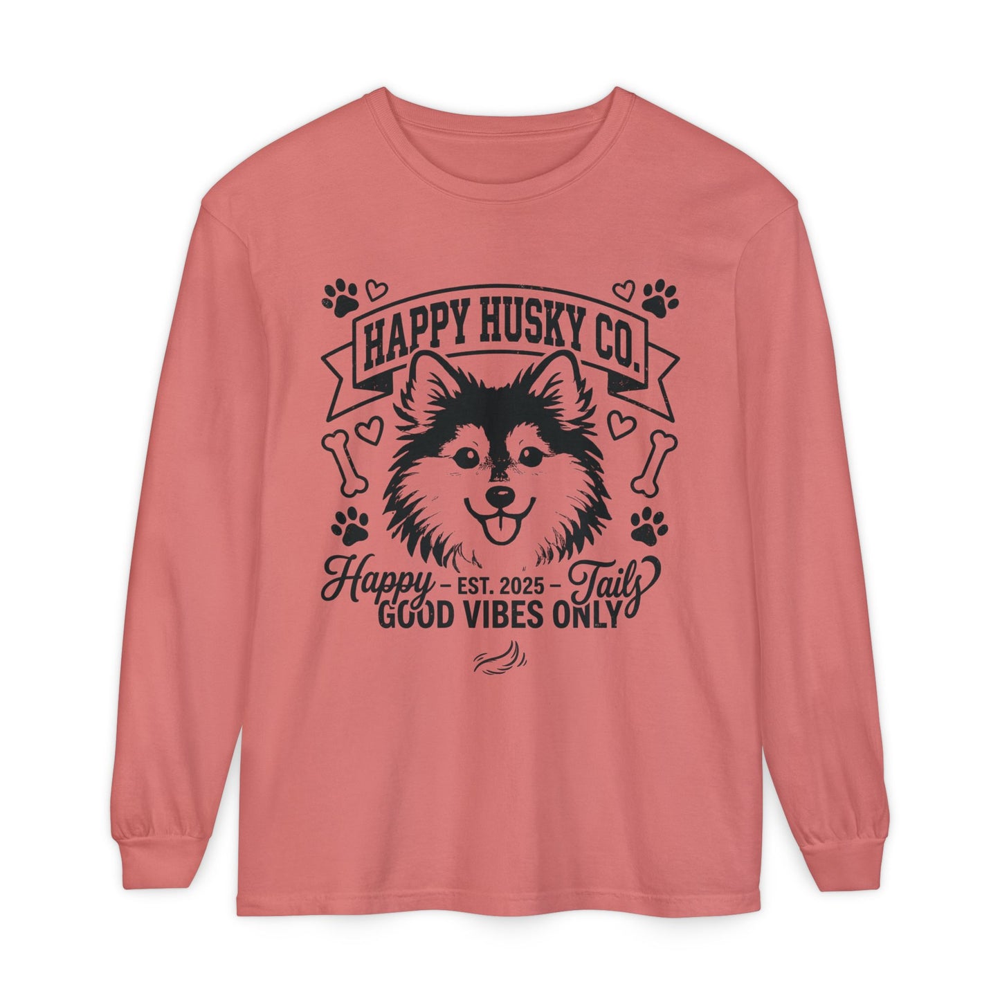 Happy Husky Co. Unisex Long Sleeve Tee — 'Happy Tails, Good Vibes Only' Dog Lover Shirt (Additional Colors)
