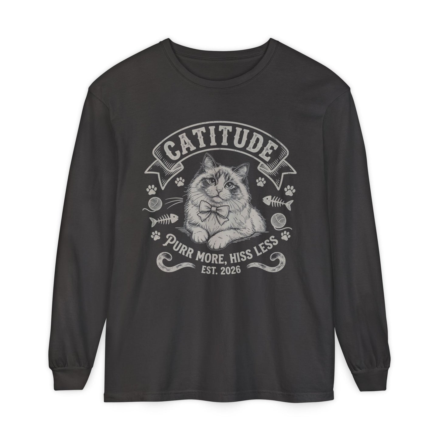 Unisex Catitude Design Long Sleeve Tee — 'Purr More, Hiss Less' Cat Lover Shirt (Additional Colors)