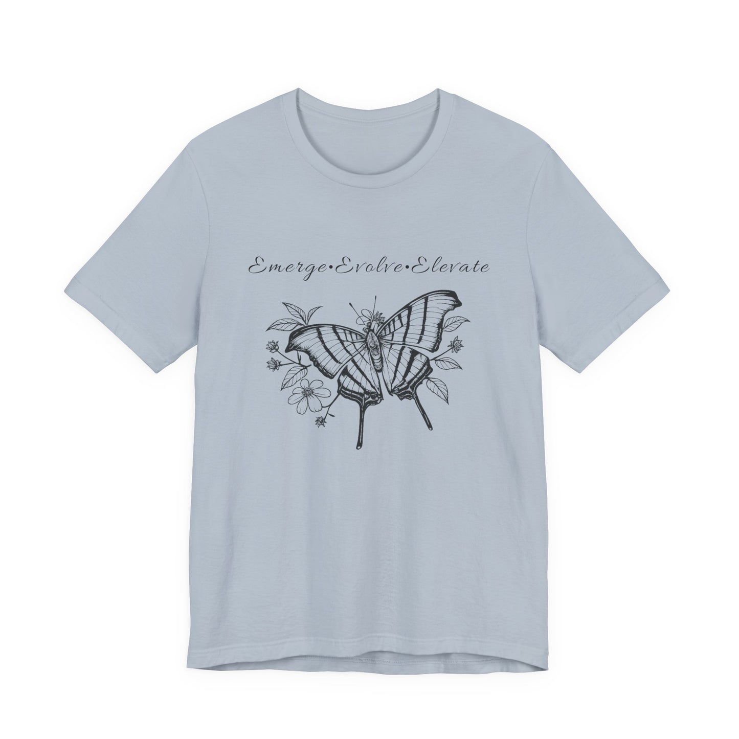 Unisex Adult Butterfly & Flowers Design Short Sleeve Tee - 'Emerge Evolve Elevate' (Additional Colors)