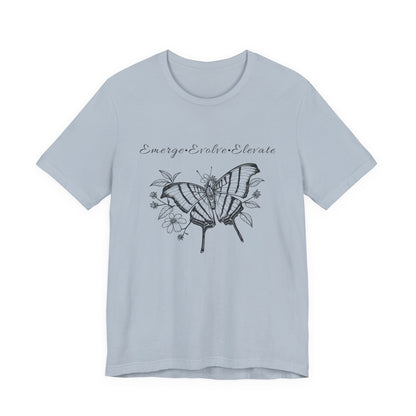 Unisex Adult Butterfly & Flowers Design Short Sleeve Tee - 'Emerge Evolve Elevate' (Additional Colors)