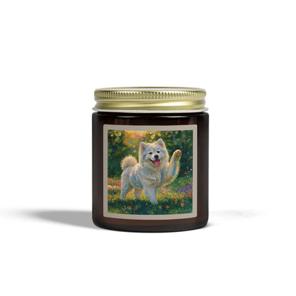 Coconut Apricot Wax Scented Candle — Joyful Samoyed Dog Design, Clear or Amber Jar (4oz or 9oz, Assorted Scents)