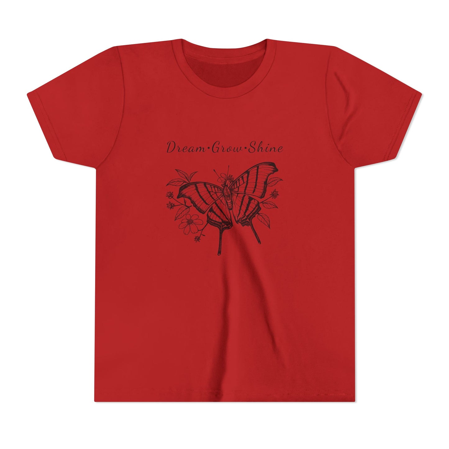 Youth Unisex Butterfly & Flowers Design Short Sleeve Tee - 'Dream, Grow, Shine' Motivational Graphic (Additional Colors)