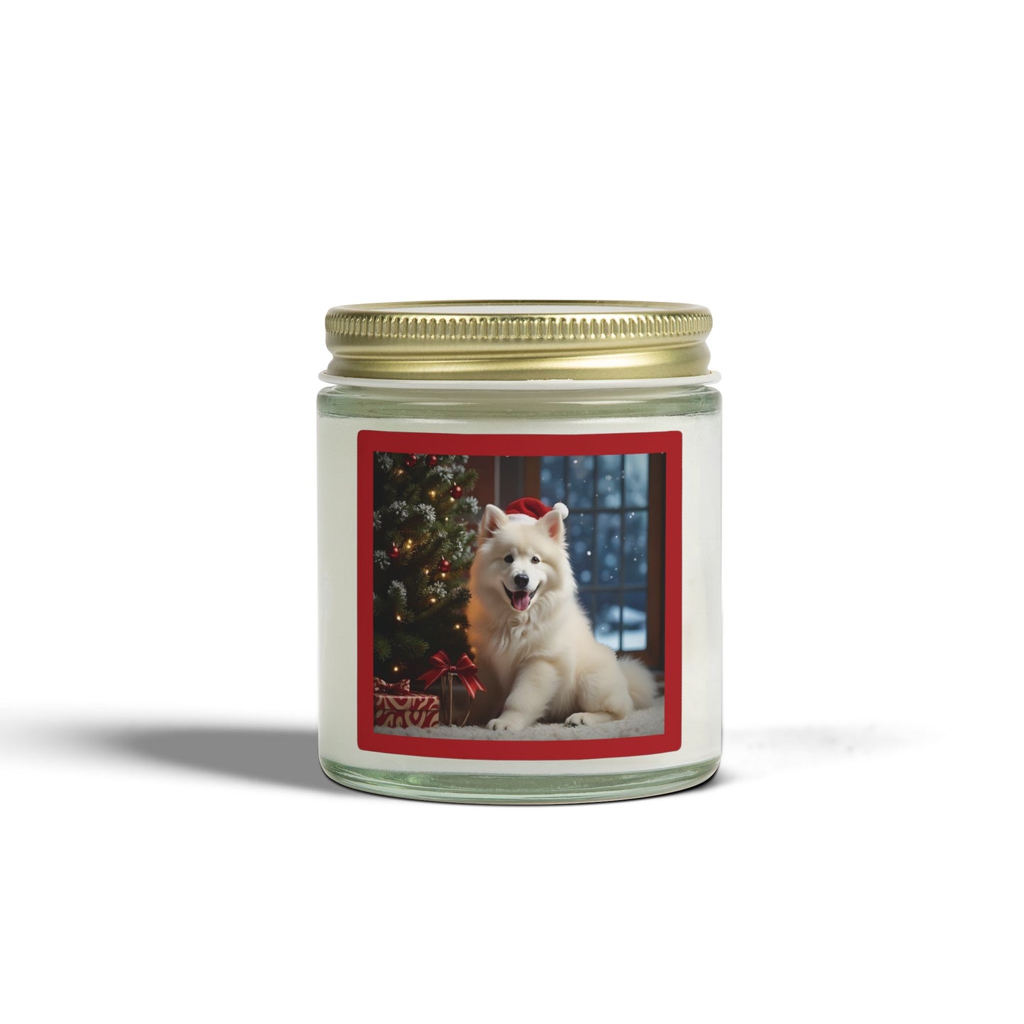 Holiday Samoyed Dog Photo Candle — Coconut Apricot Wax (Choice of Scents, 4oz & 9oz)