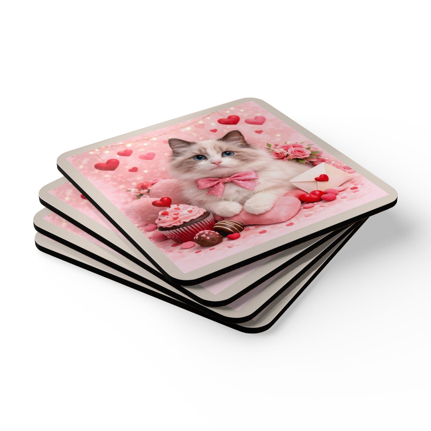 Valentine’s Ragdoll Cat Cork Coaster Set – Cute Pink Hearts & Sweets