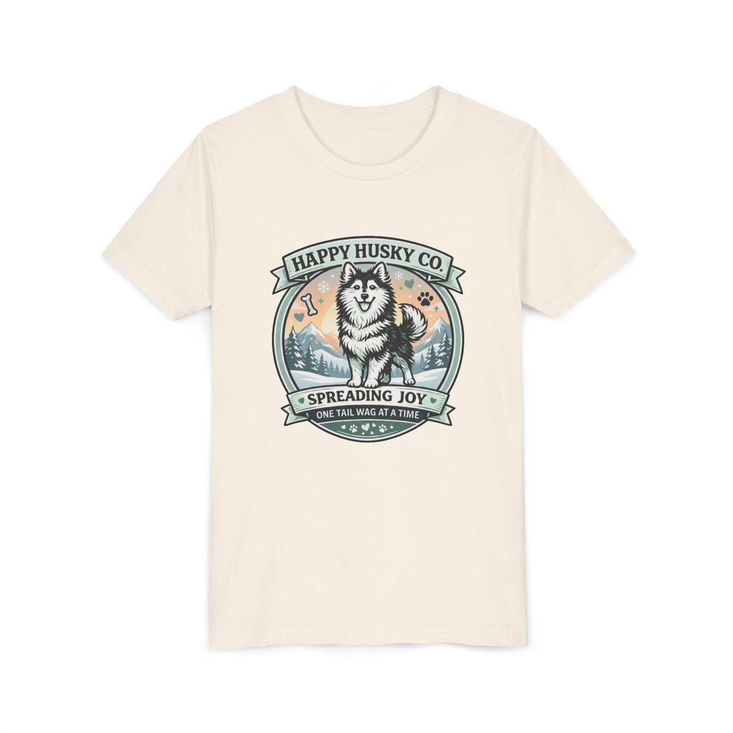 Youth Tee Happy Husky Co. 'Spreading Joy' Kids Short Sleeve Shirt - Husky Dog, Outdoor Badge Design (Additional Colors)