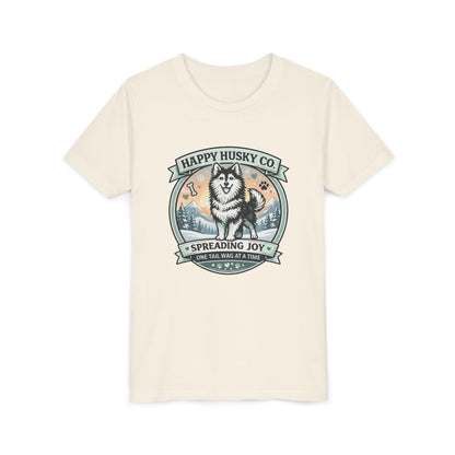 Youth Tee Happy Husky Co. 'Spreading Joy' Kids Short Sleeve Shirt - Husky Dog, Outdoor Badge Design (Additional Colors)