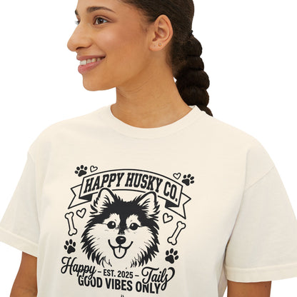 Happy Husky Co. Women's Boxy Tee — 'Happy Tails, Good Vibes Only' Graphic (Additional Colors)