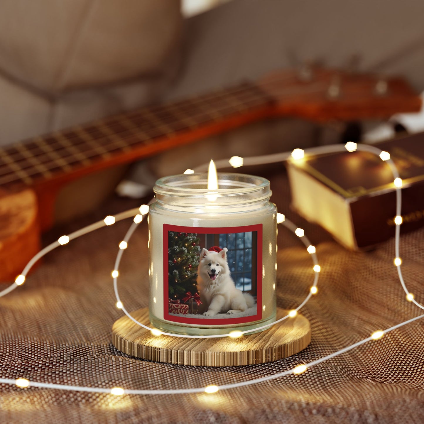 Holiday Samoyed Dog Photo Candle — Coconut Apricot Wax (Choice of Scents, 4oz & 9oz)