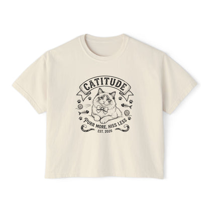 Catitude Women's Boxy Tee — 'Purr More, Hiss Less' Cute Cat Graphic Shirt (Additional Colors)