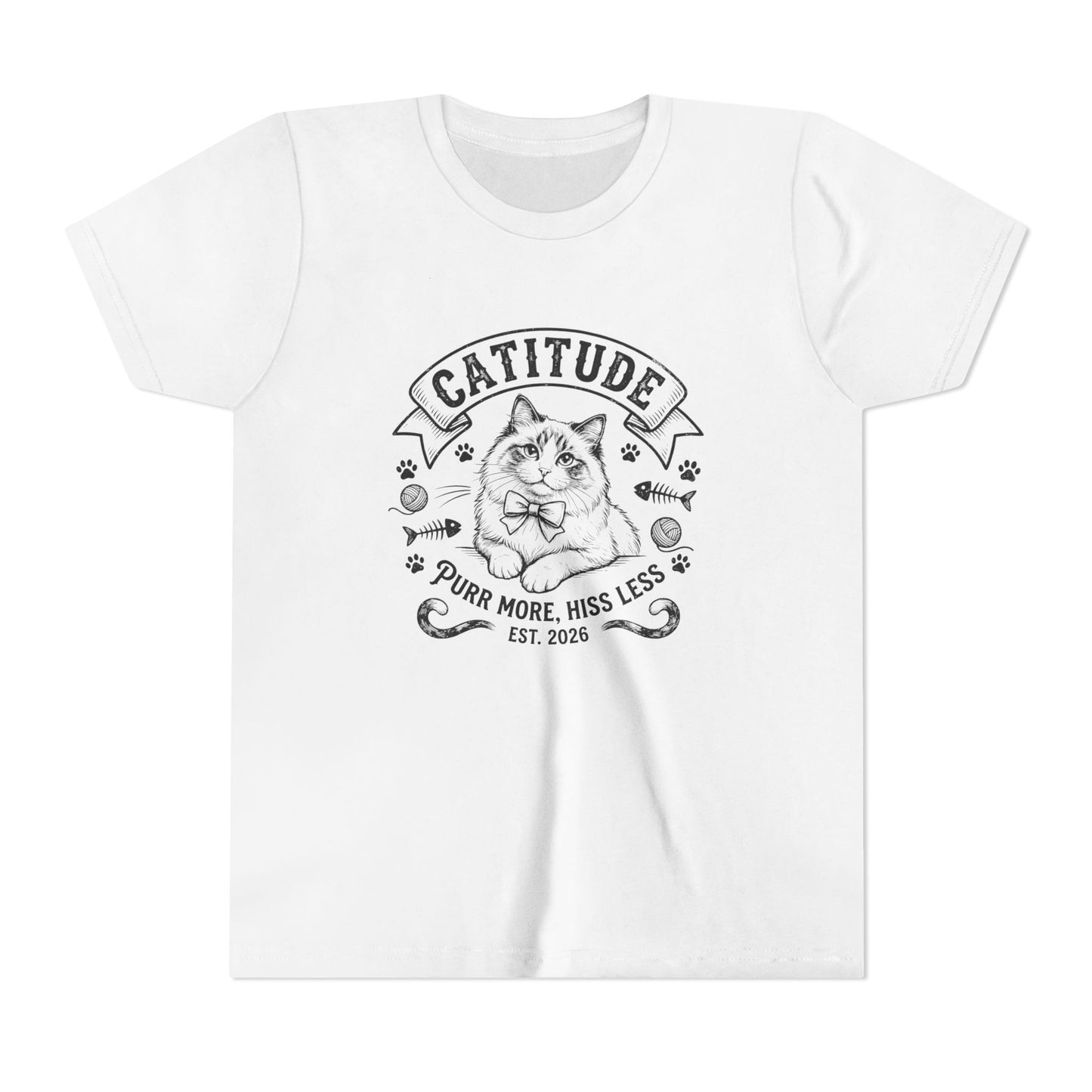 Catitude Youth T‑Shirt - "Purr More, Hiss Less" Cute Cat Graphic Tee for Kids