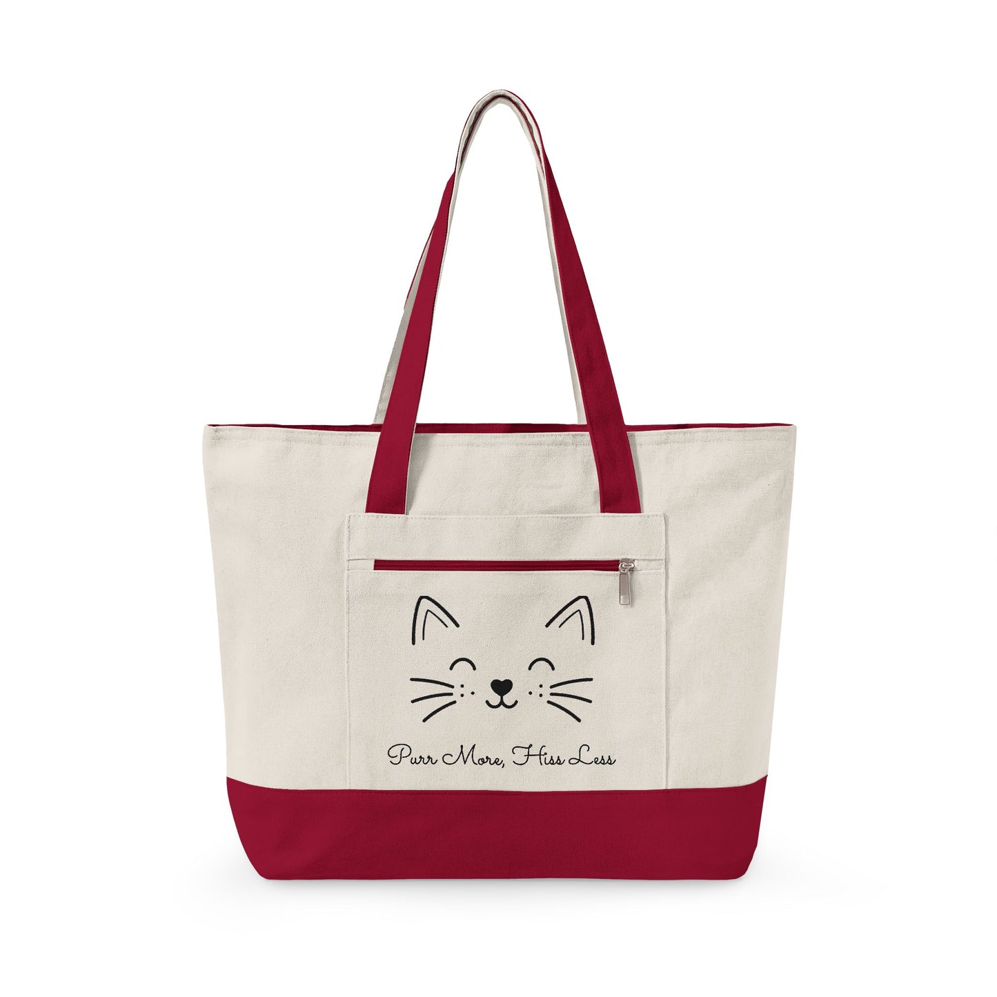 Cute Cat Face Canvas Tote Bag —  'Purr More, Hiss Less' Zippered Beach & Market Tote (Additional Colors)