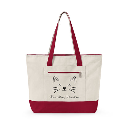 Cute Cat Face Canvas Tote Bag —  'Purr More, Hiss Less' Zippered Beach & Market Tote (Additional Colors)