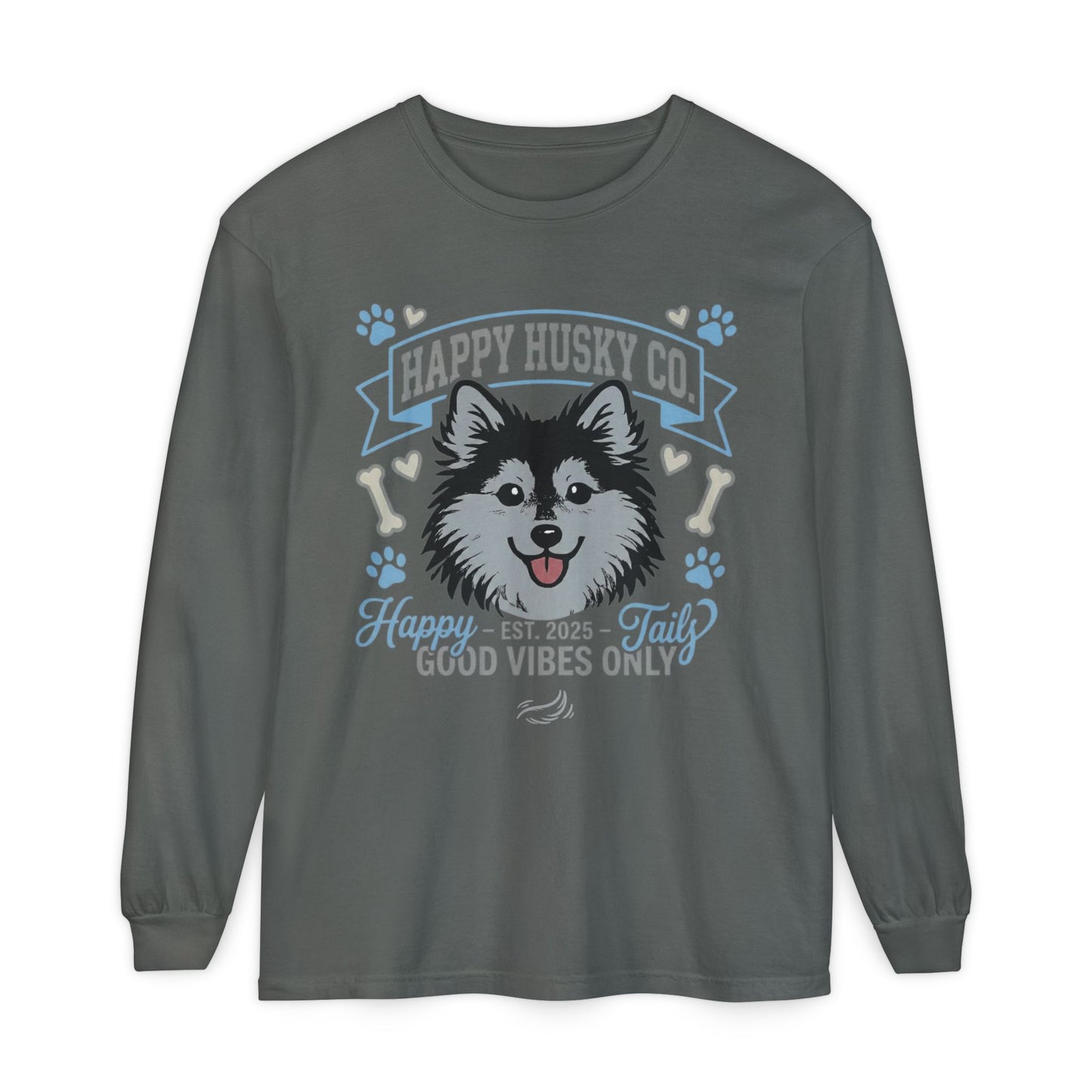 Happy Husky Co. Unisex Long Sleeve Tee — 'Happy Tails, Good Vibes Only' Dog Lover Shirt (Additional Colors)